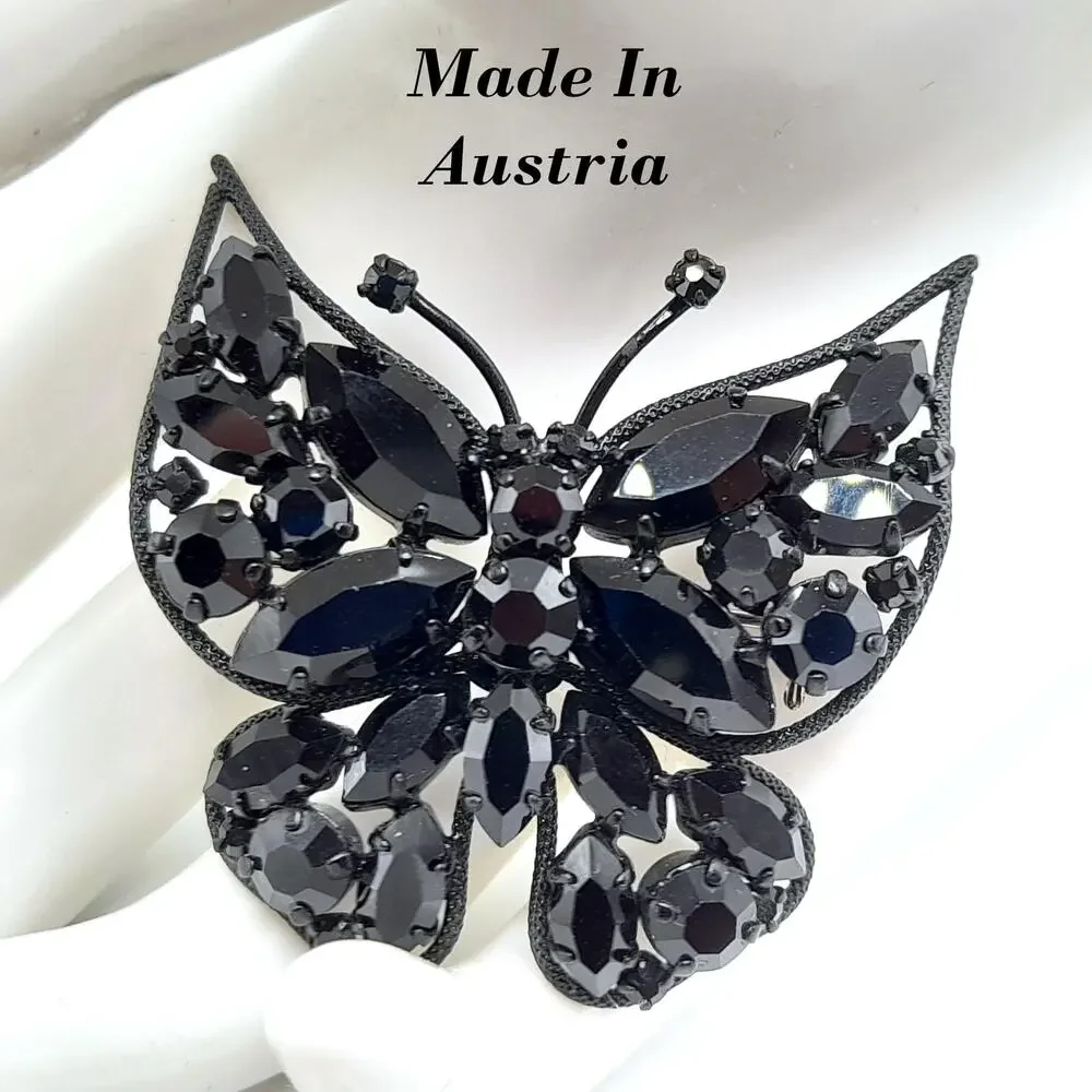 Vintage Butterfly Brooch, Japanned Black Enamel, Made in Austria, 1950s